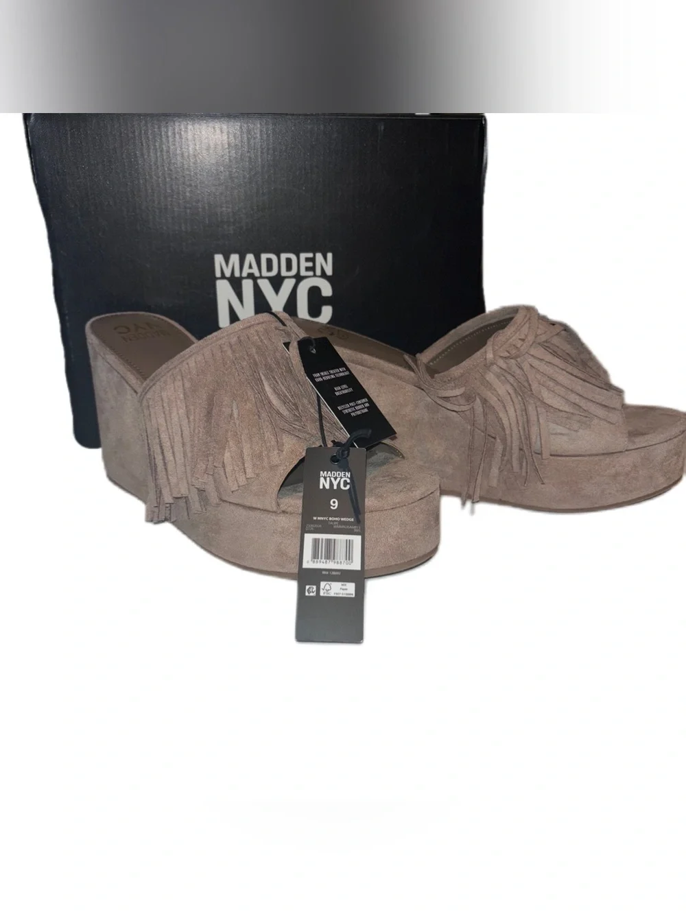 Madden NYC Fringe Wedge Slide Sandals Taupe Faux Suede Platform Size 9 NWT
